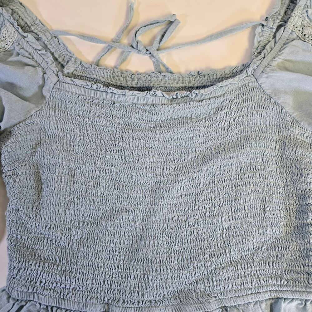 Japna Light Blue Lace Accents Balloon Sleeve Peplum Blouse size Medium - Picture 4 of 7